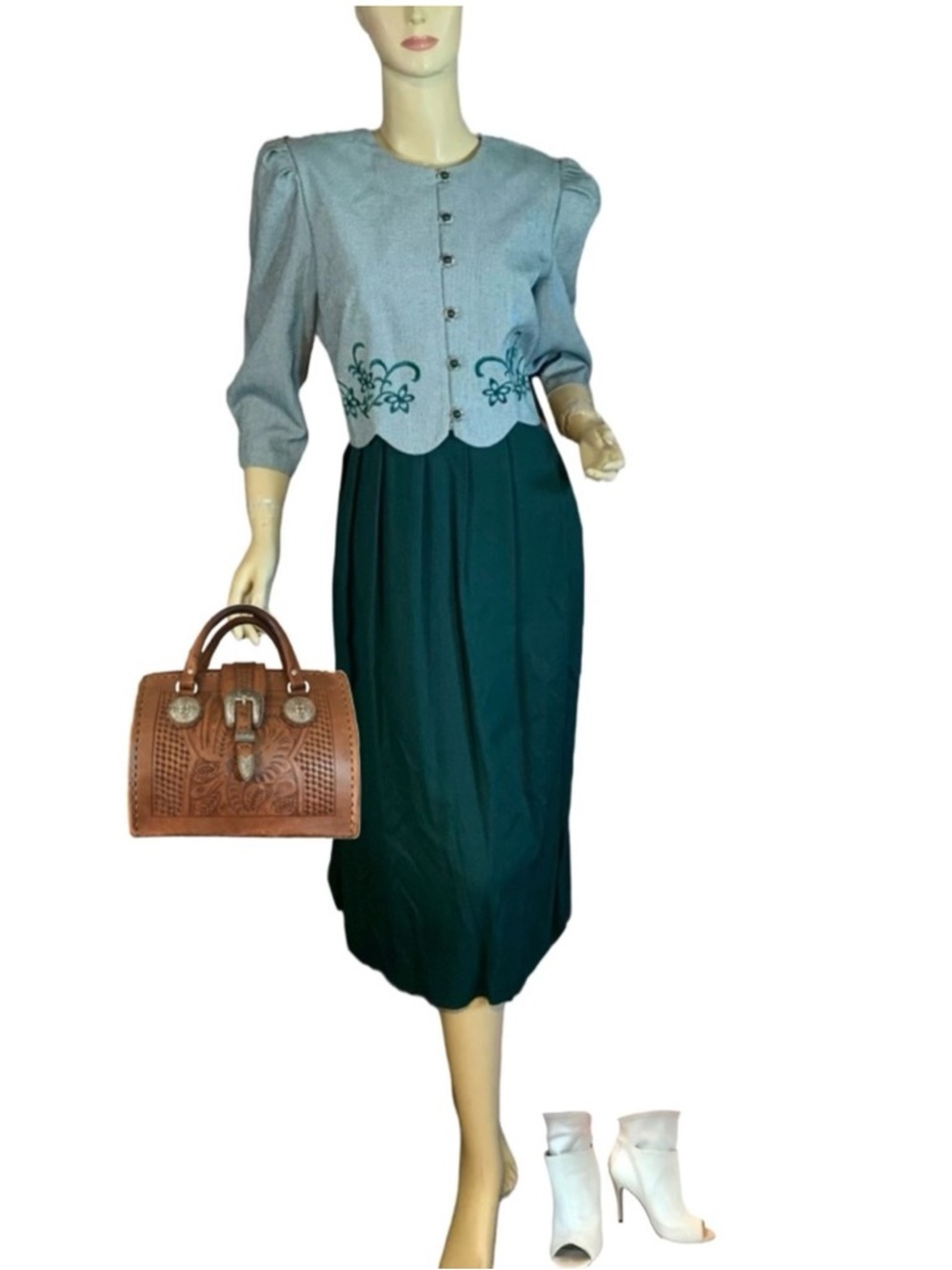 MISS DORBY VINTAGE 1990'S GREEN & WHITE ONE PIECE DRESS WITH TIE BACK BELT (6P)
